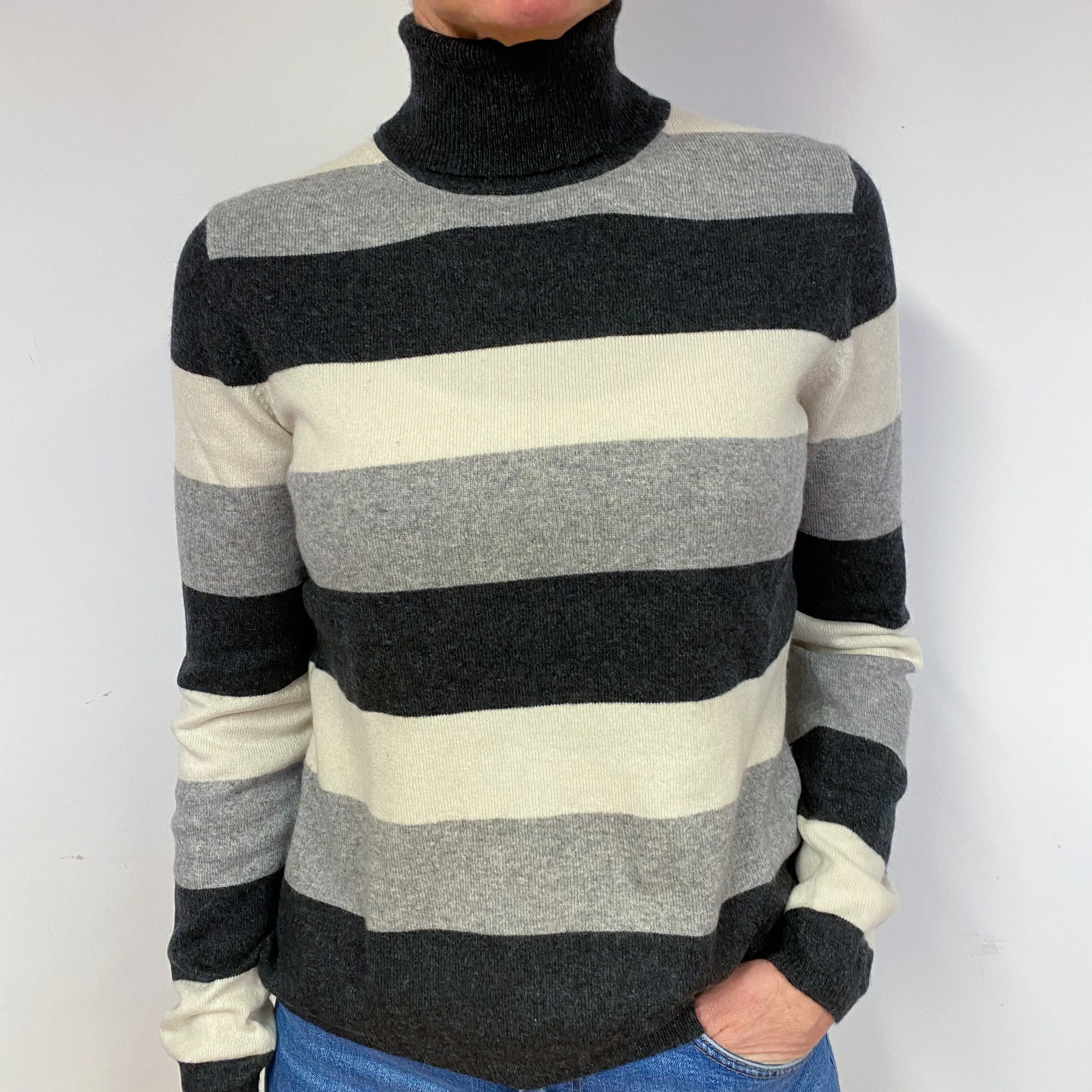 Grey Cream Stripe Cashmere Polo Neck Jumper Medium