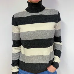 Grey Cream Stripe Cashmere Polo Neck Jumper Medium