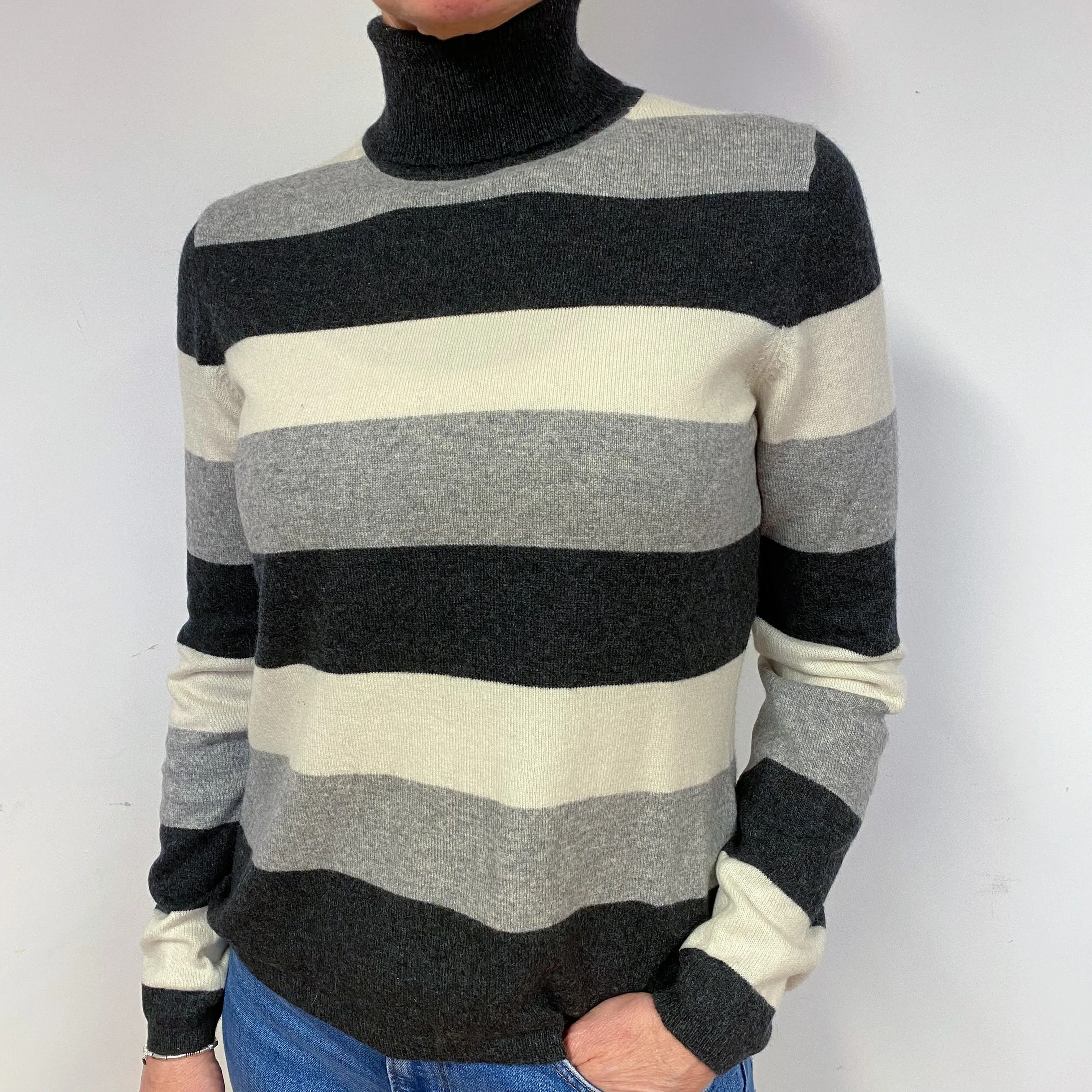 Grey Cream Stripe Cashmere Polo Neck Jumper Medium