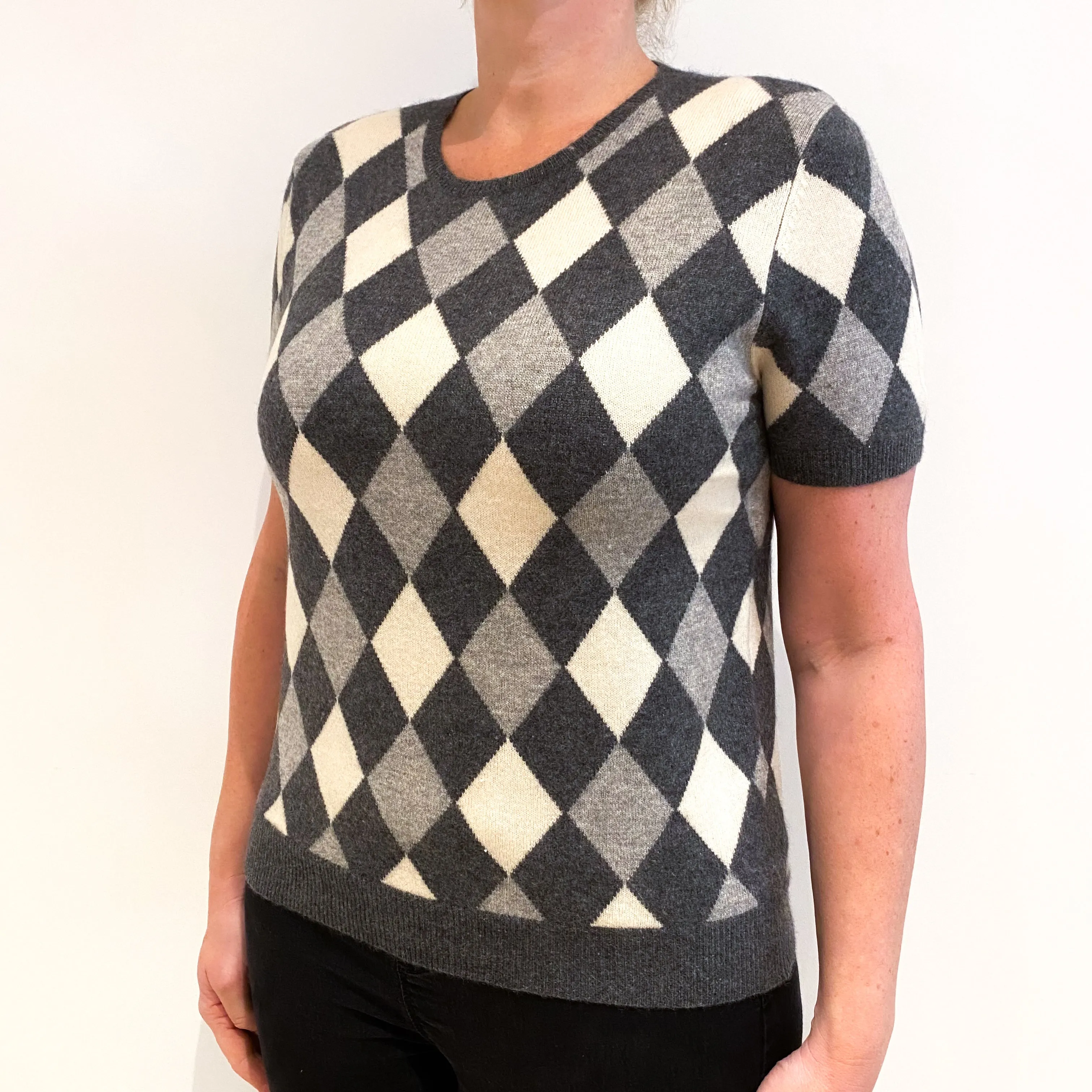 Grey Diamond Patterned Cashmere Short Sleeved Jumper Large
