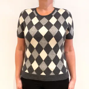 Grey Diamond Patterned Cashmere Short Sleeved Jumper Large
