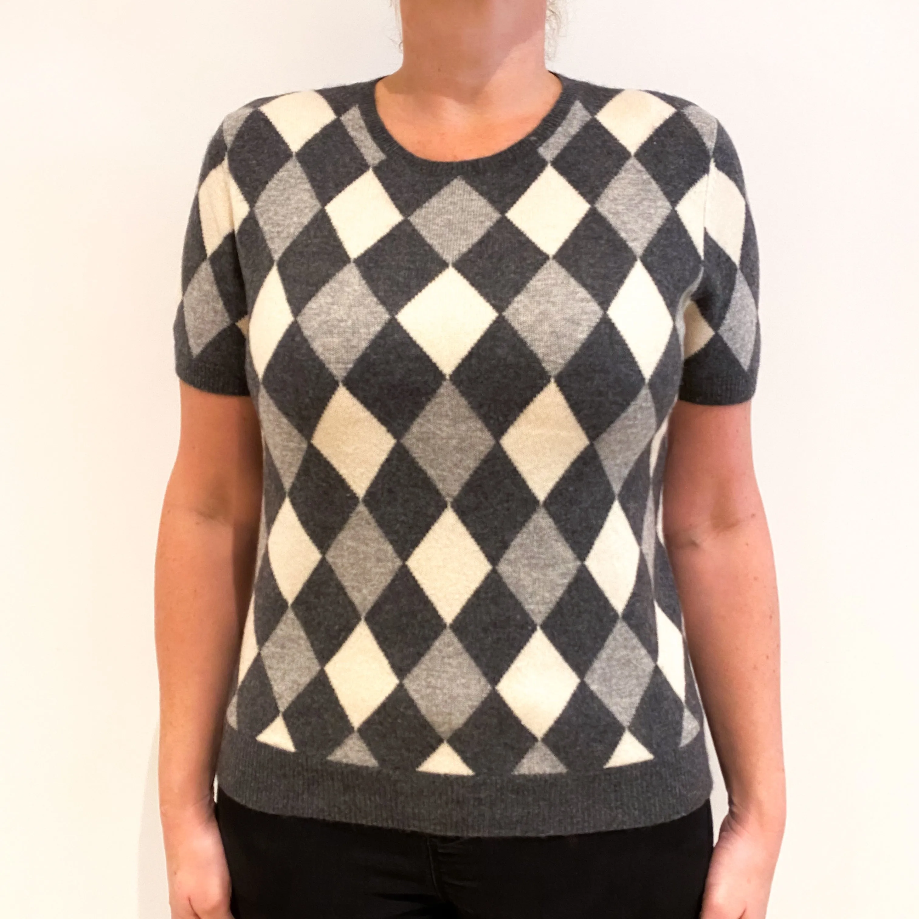 Grey Diamond Patterned Cashmere Short Sleeved Jumper Large