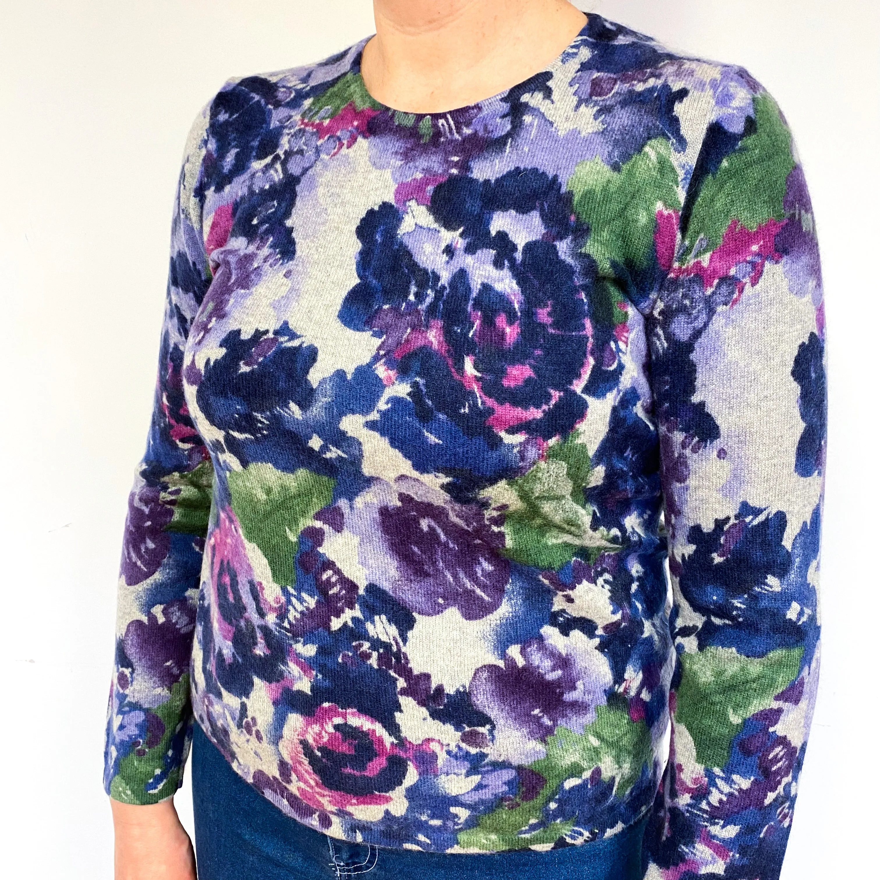 Grey Floral Pattern Cashmere Crew Neck Jumper Large