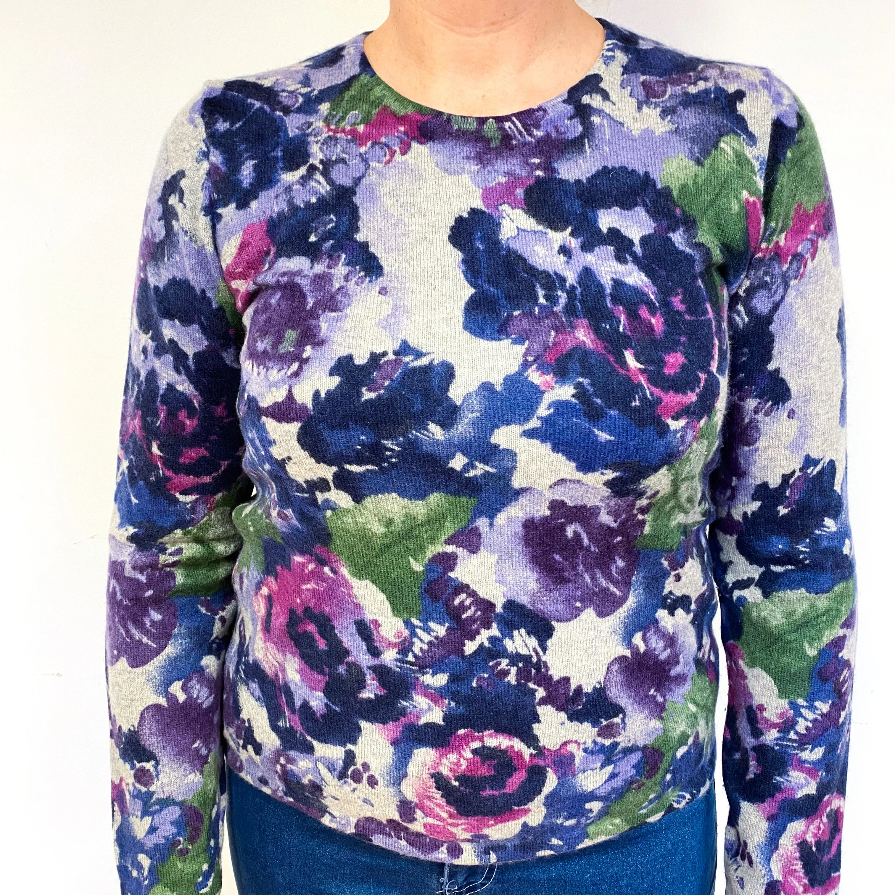 Grey Floral Pattern Cashmere Crew Neck Jumper Large