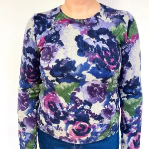 Grey Floral Pattern Cashmere Crew Neck Jumper Large