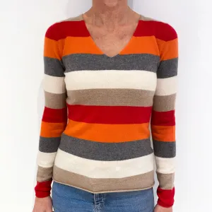 Grey Orange Striped Cashmere V-Neck Jumper Small