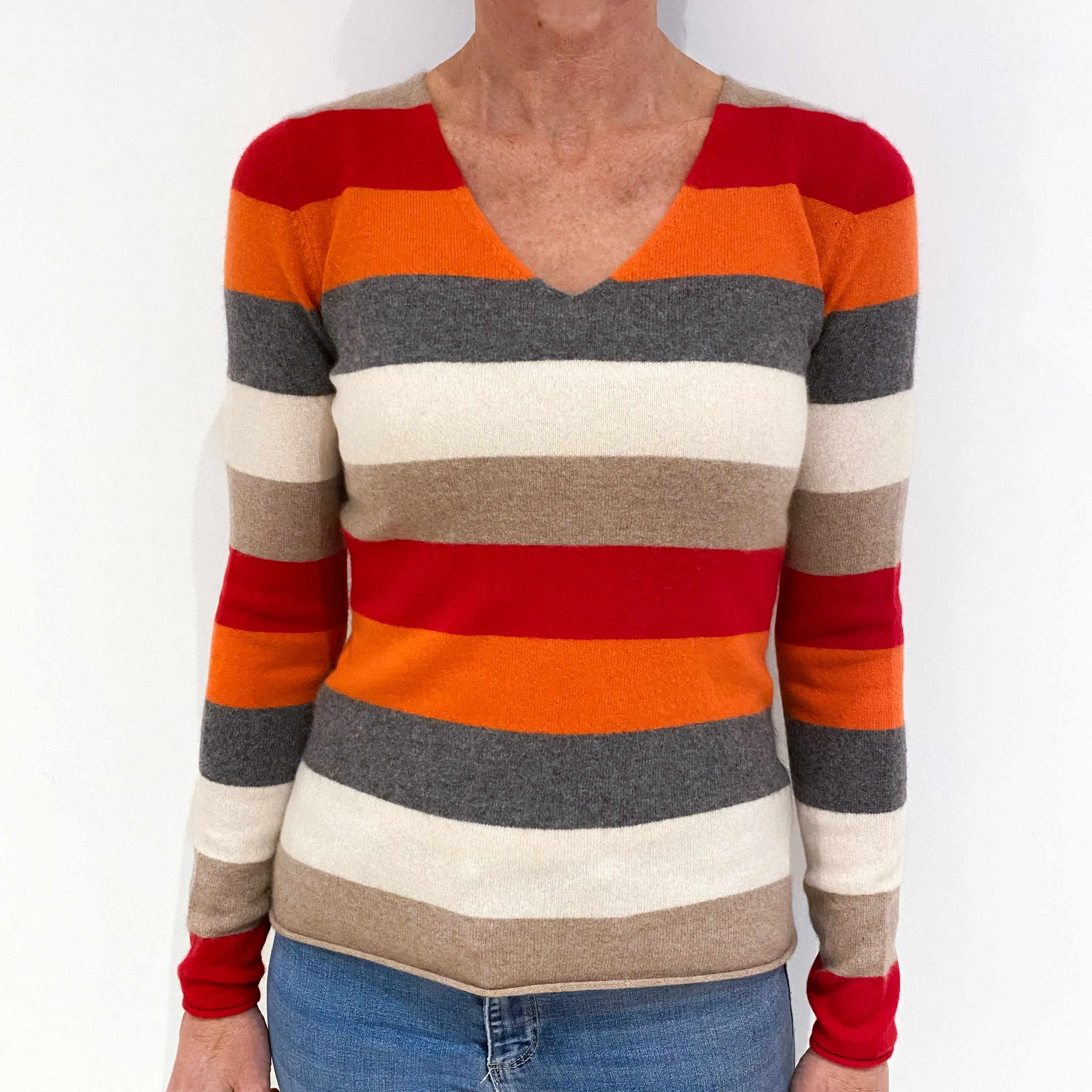 Grey Orange Striped Cashmere V-Neck Jumper Small
