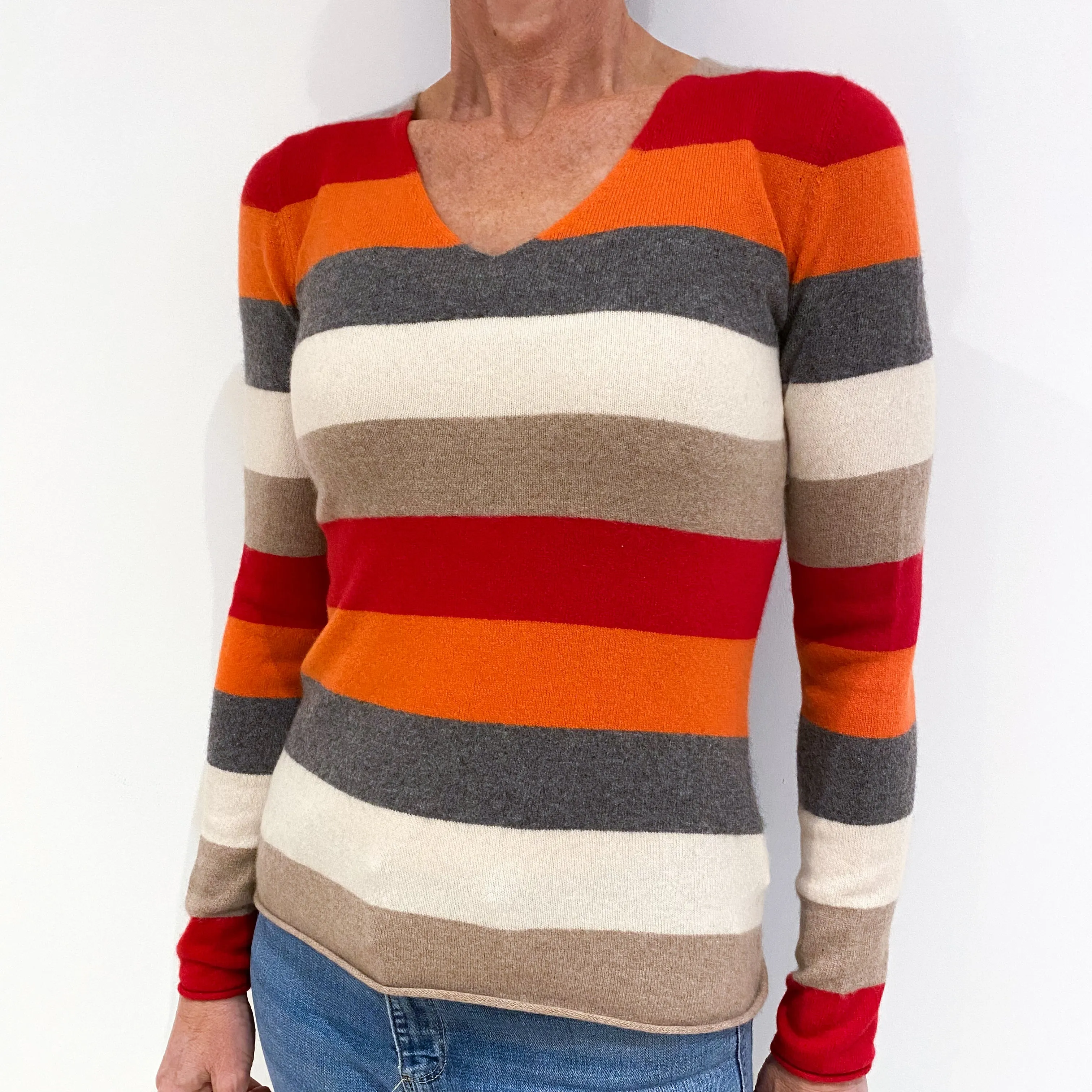 Grey Orange Striped Cashmere V-Neck Jumper Small