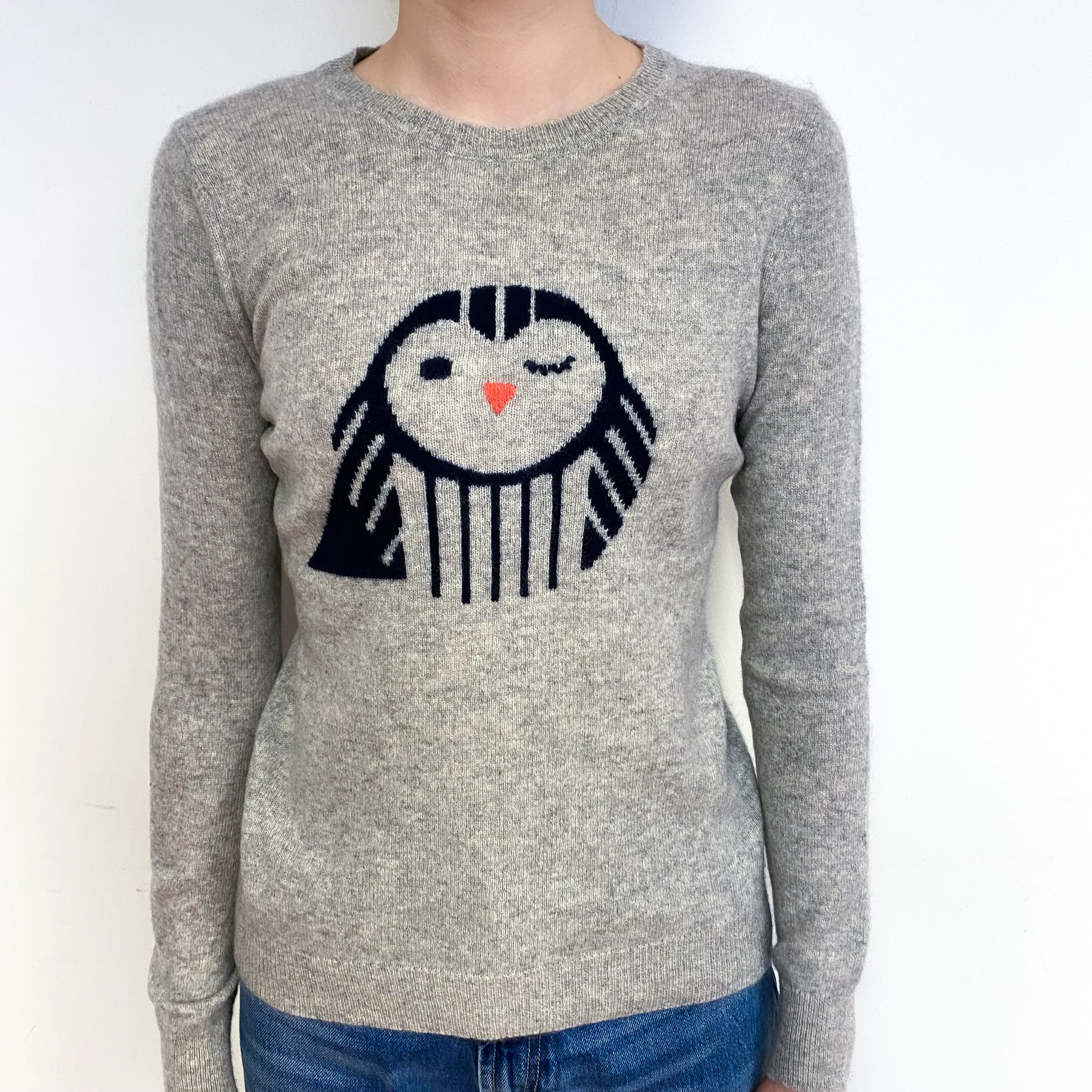 Grey Owl Motif Cashmere Crew Neck Jumper Extra Small