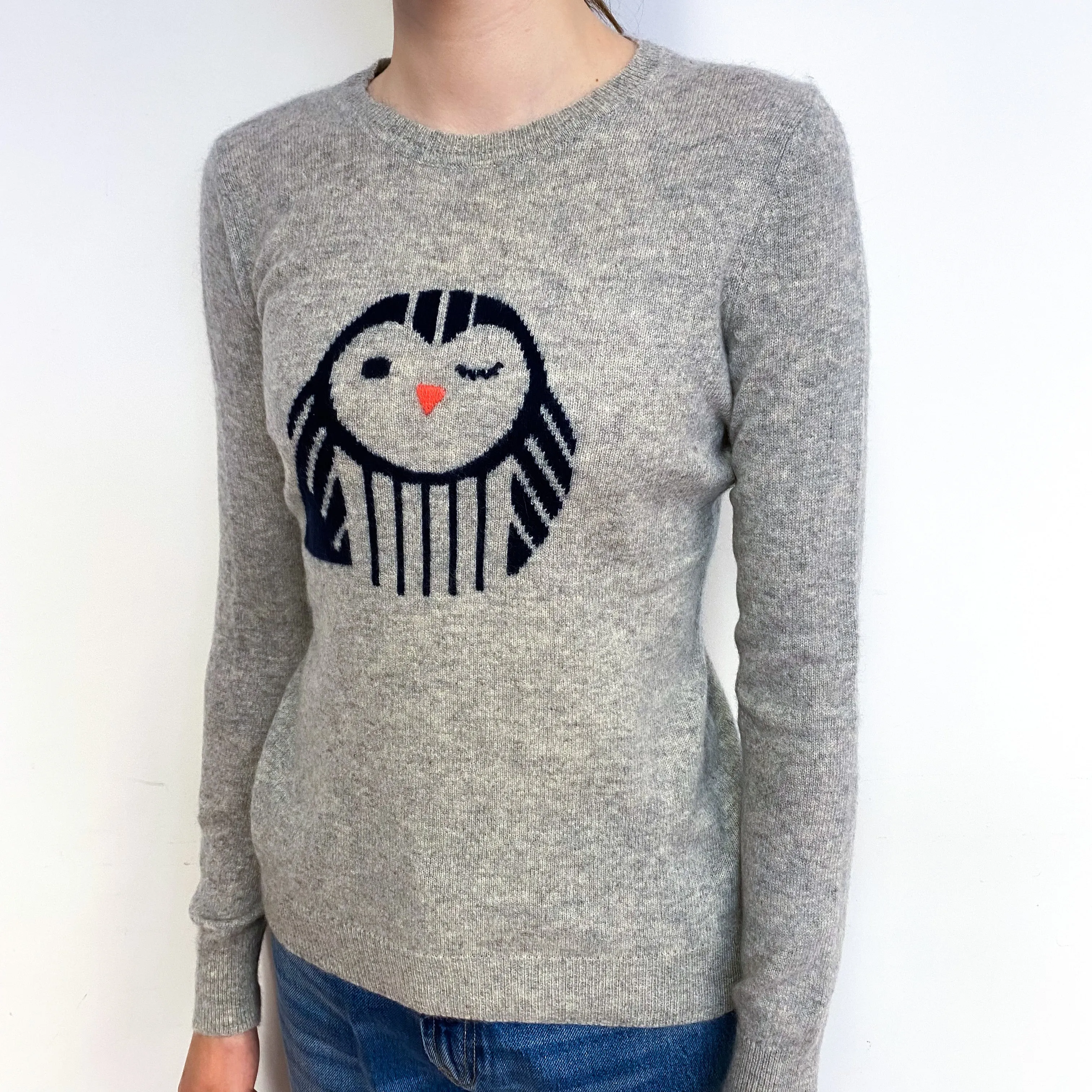 Grey Owl Motif Cashmere Crew Neck Jumper Extra Small