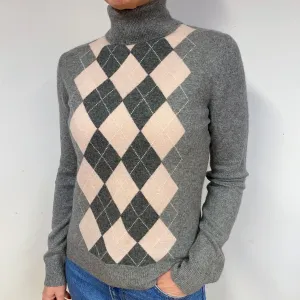 Grey Pink Argyle Cashmere Polo Neck Jumper Medium