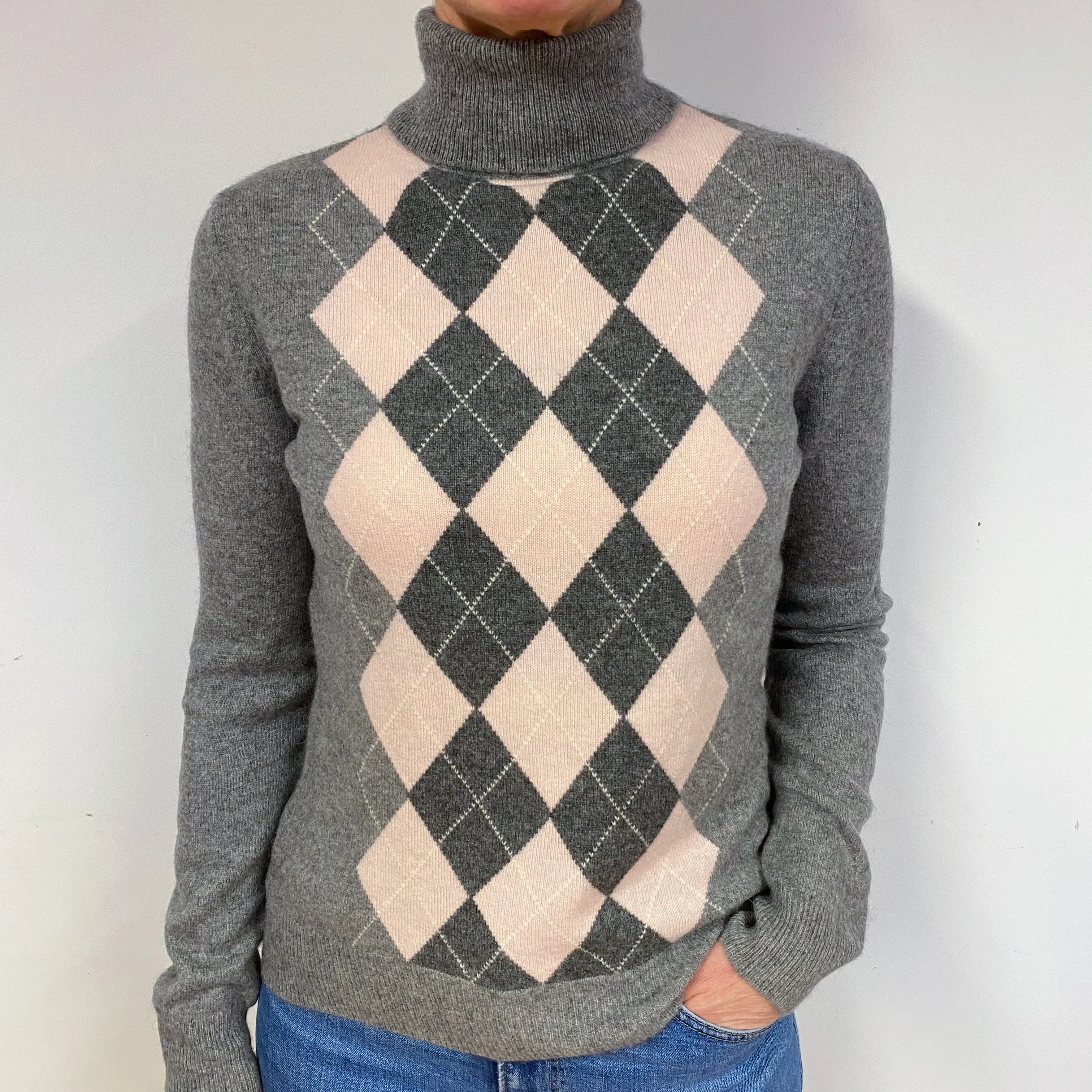 Grey Pink Argyle Cashmere Polo Neck Jumper Medium