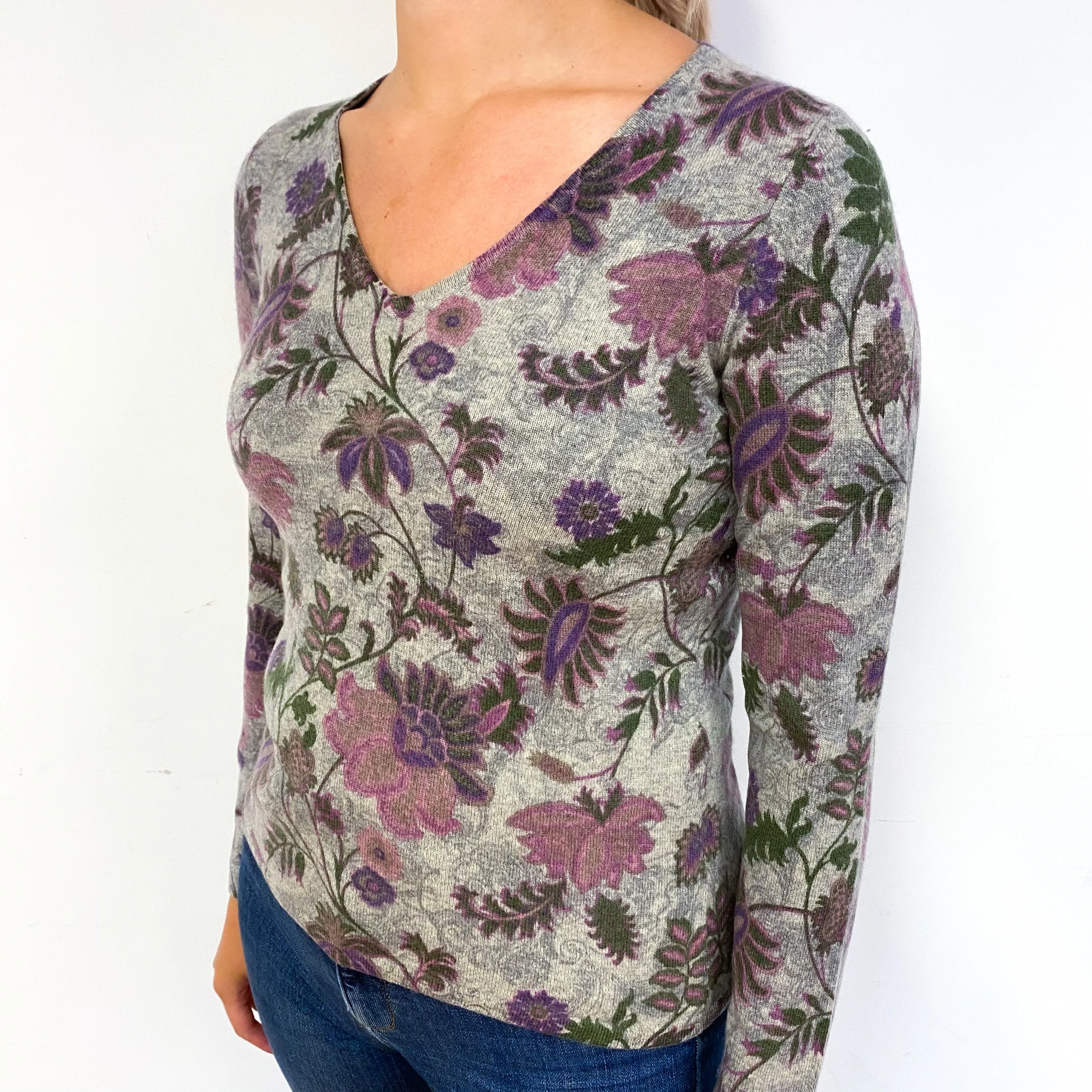 Grey Purple Floral Cashmere V-Neck Jumper Small