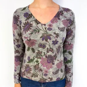 Grey Purple Floral Cashmere V-Neck Jumper Small