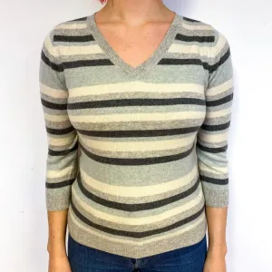 Grey Stripe 3/4 Sleeve Cashmere V-Neck Jumper Small