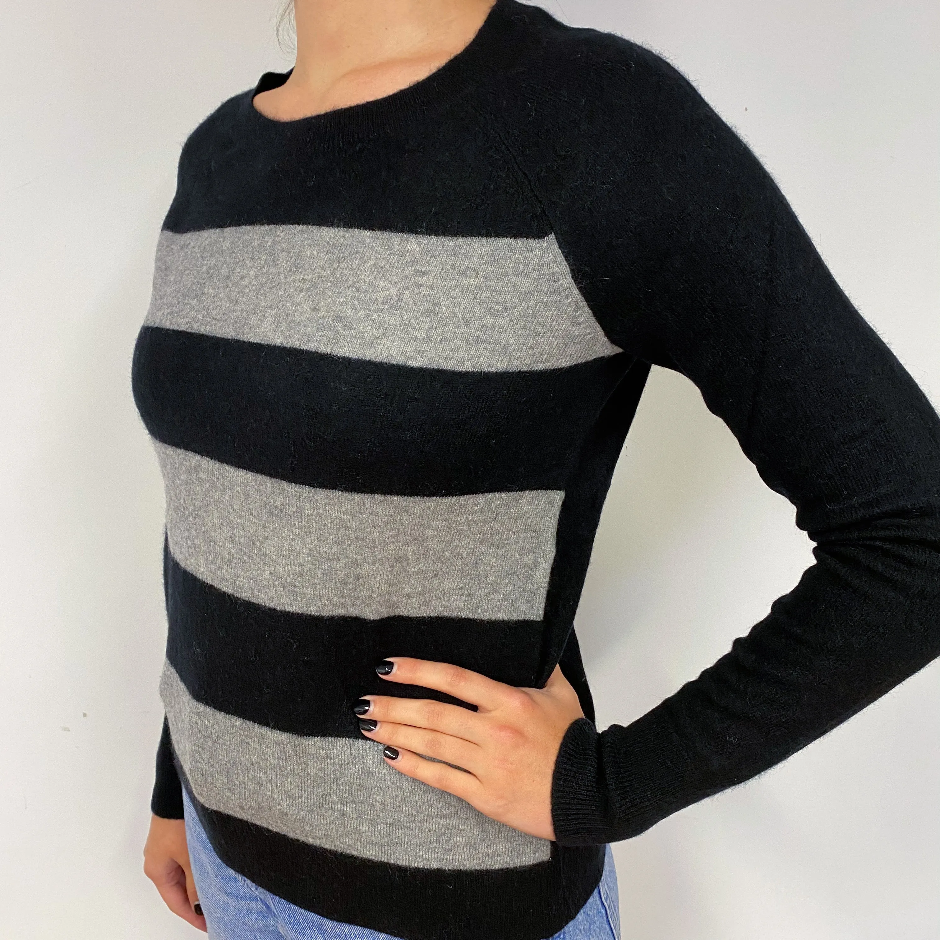 Grey Striped Cashmere Crew Neck Jumper Small
