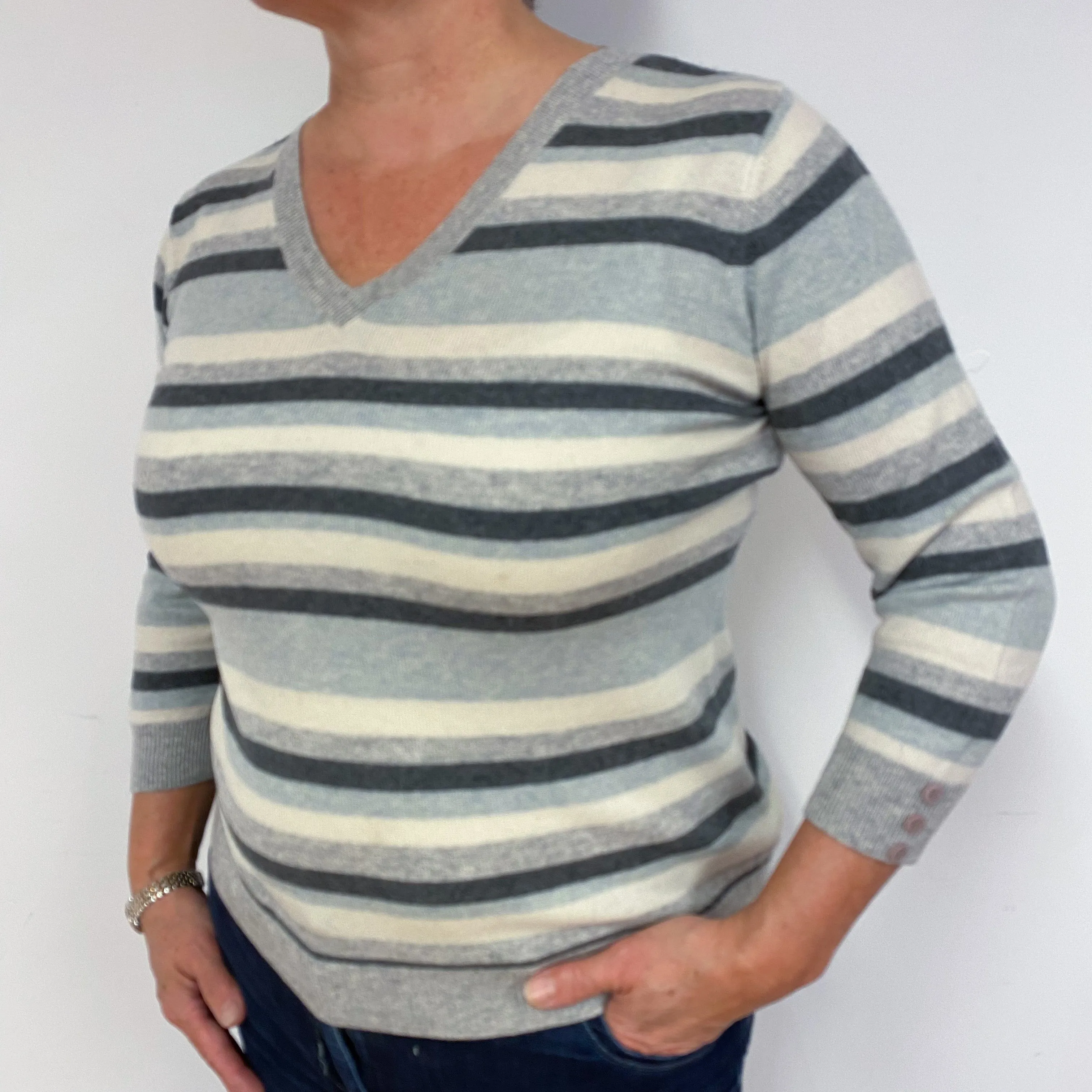 Grey Striped Cashmere V-Neck Jumper Large