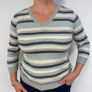 Grey Striped Cashmere V-Neck Jumper Large