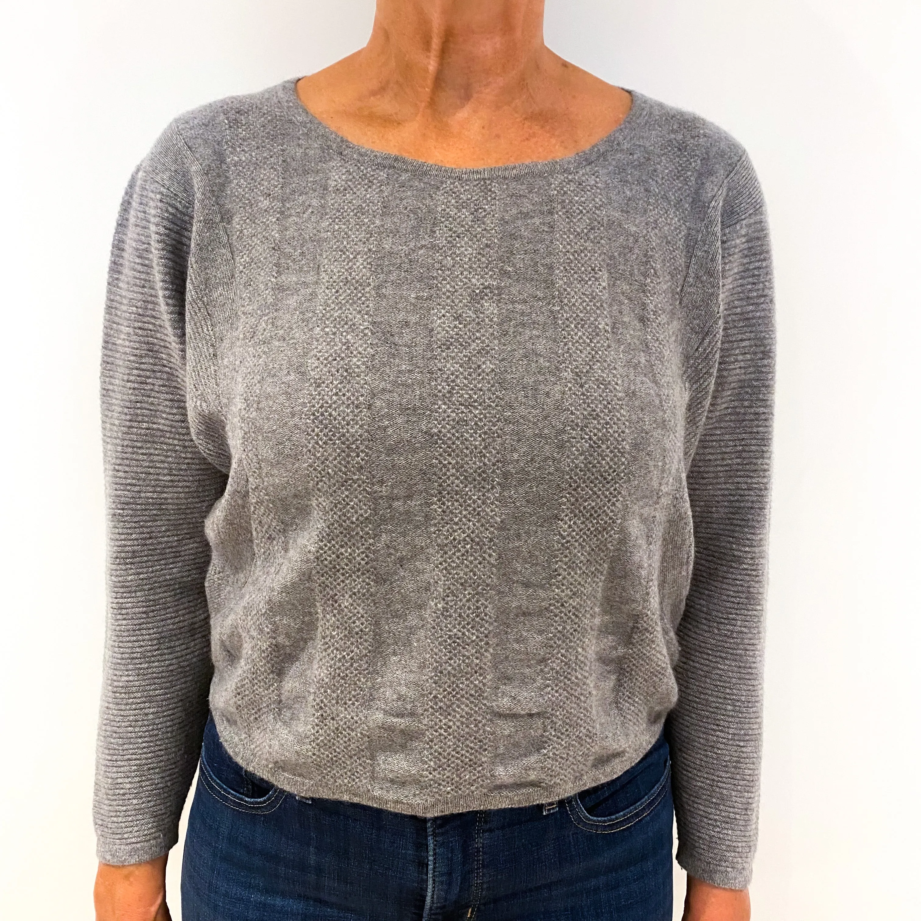 Grey Stripy Panelled Cropped Cashmere Crew Neck Jumper Medium