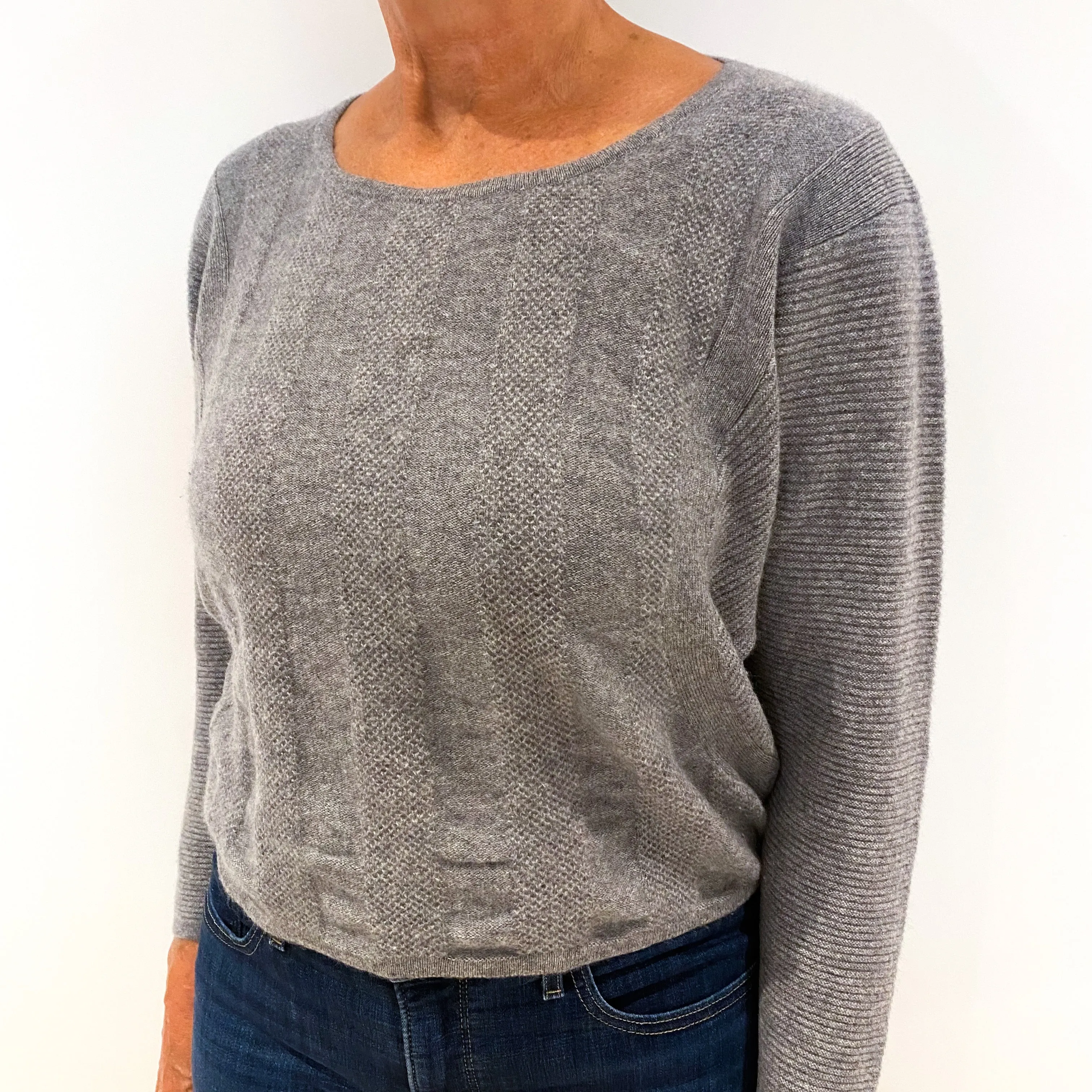 Grey Stripy Panelled Cropped Cashmere Crew Neck Jumper Medium