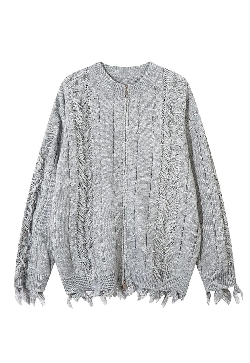Grunge zip up cardigan black ripped punk jumper y2k knit top