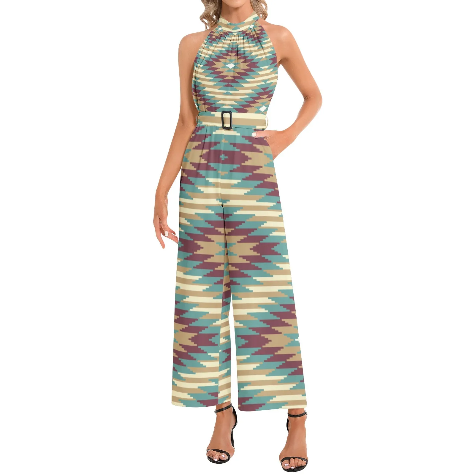 Halter Neck Buckle Belted Jumpsuit