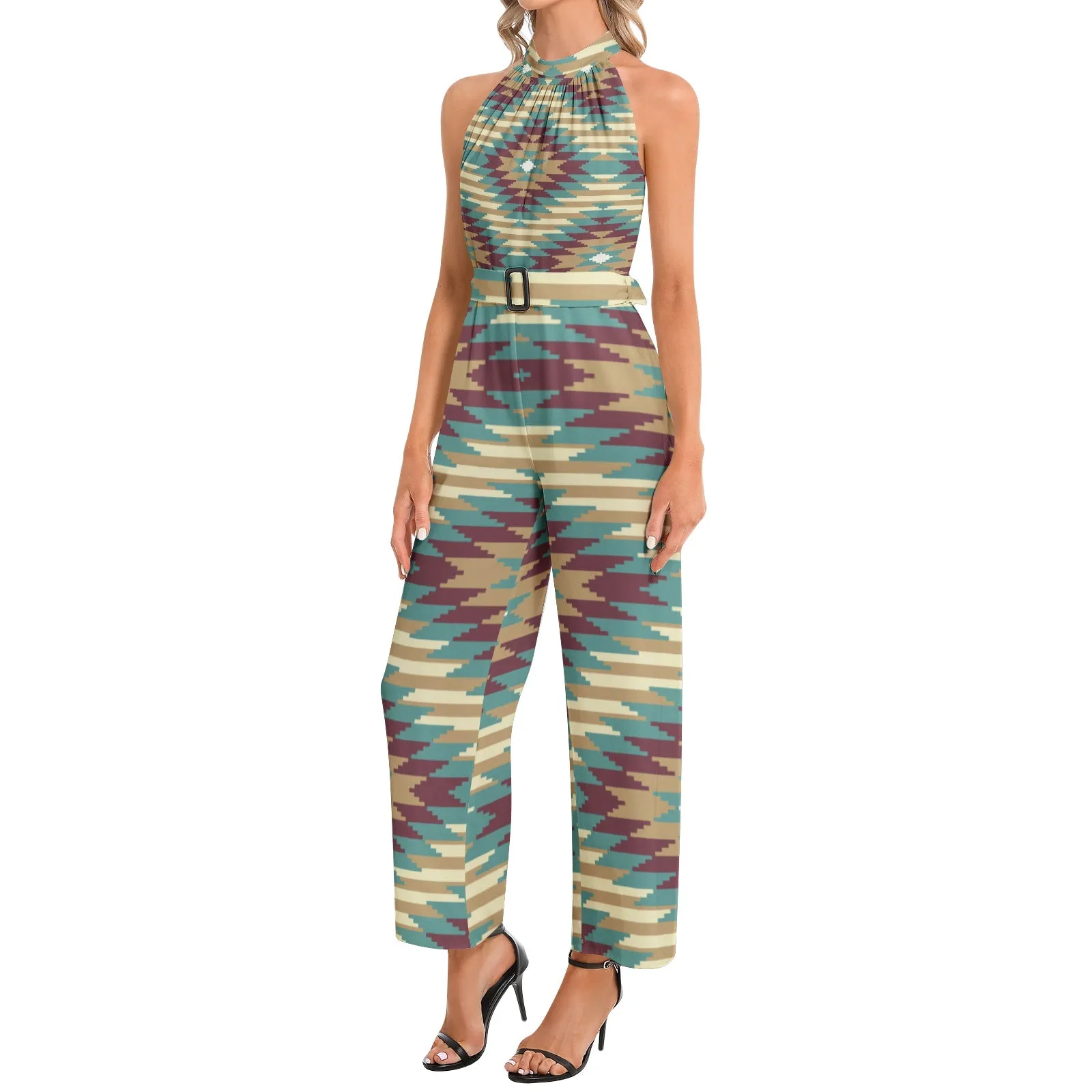Halter Neck Buckle Belted Jumpsuit
