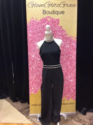 Halter Top Rhinestone Jumpsuit With Belt