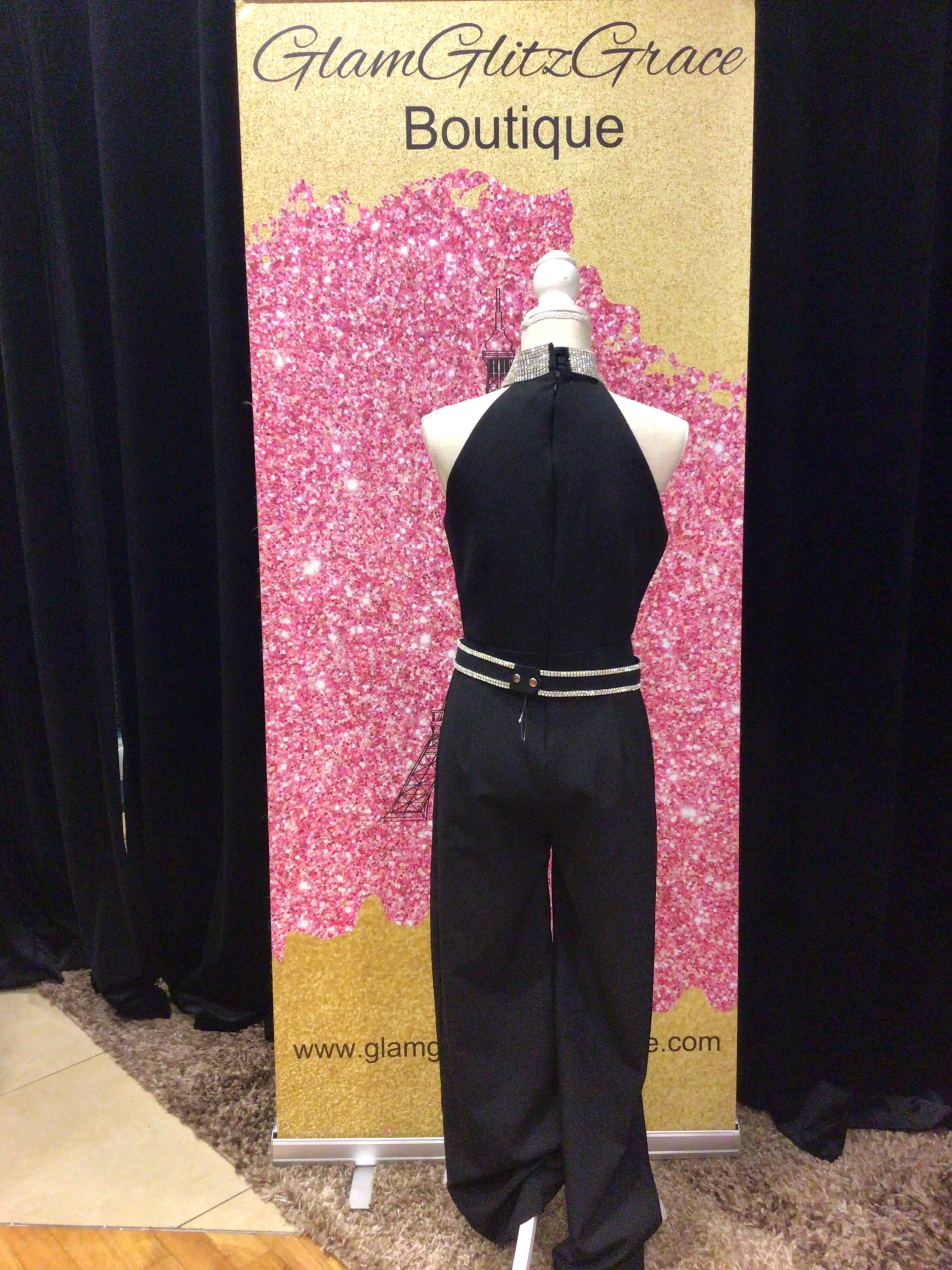 Halter Top Rhinestone Jumpsuit With Belt