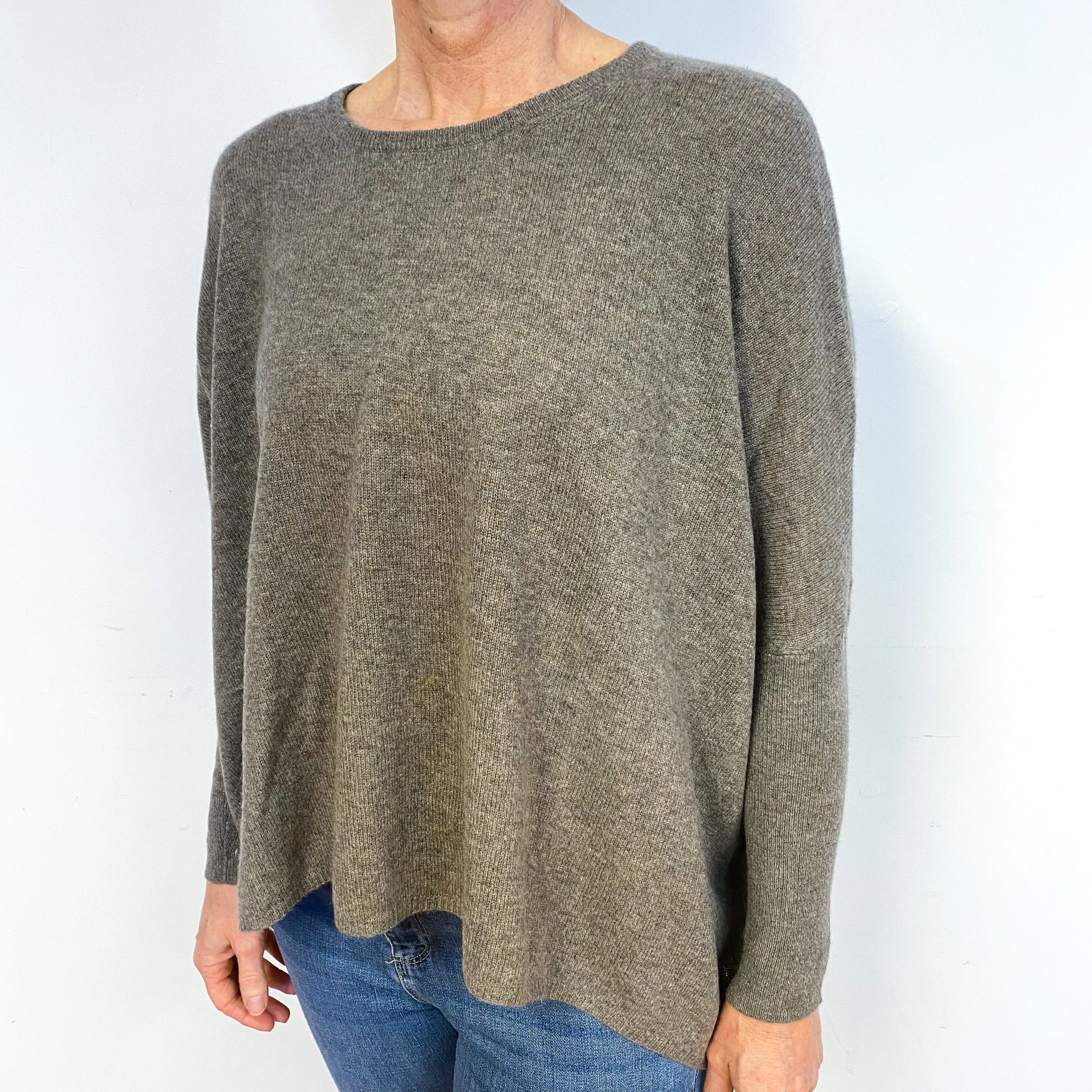 Heather Oatmeal Grey Cashmere Crew Neck Jumper Medium