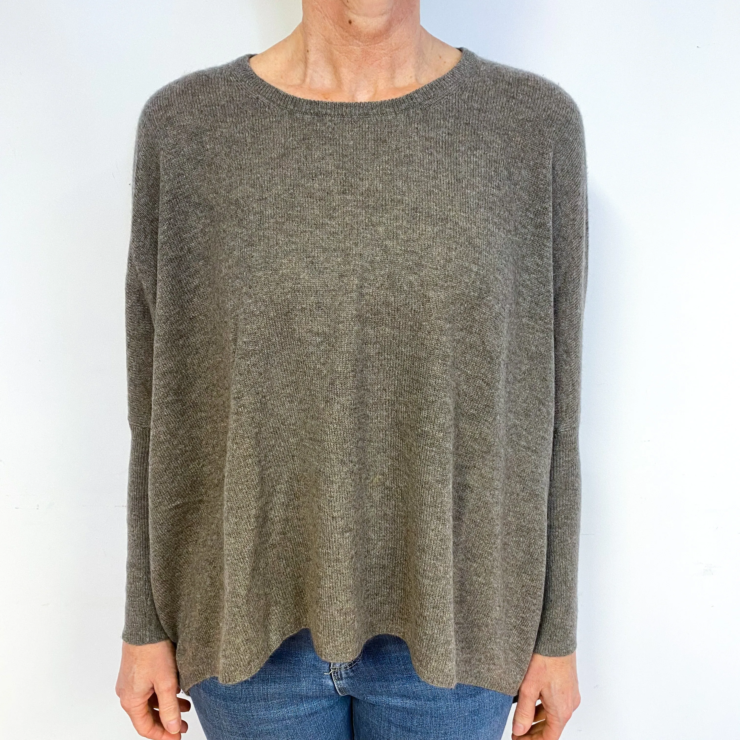 Heather Oatmeal Grey Cashmere Crew Neck Jumper Medium