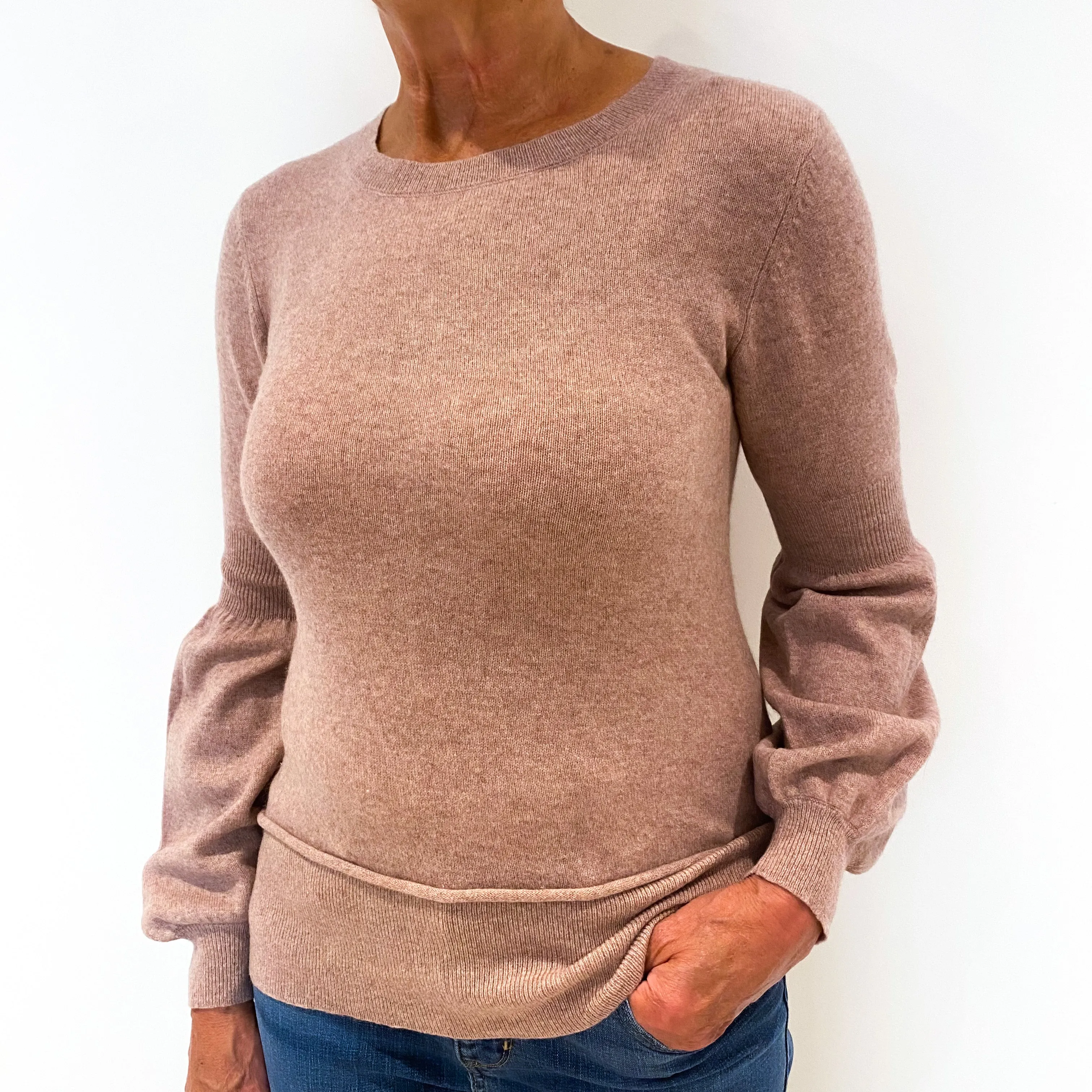 Heather Pink Ballon Sleeved Cashmere Crew Neck Jumper Medium