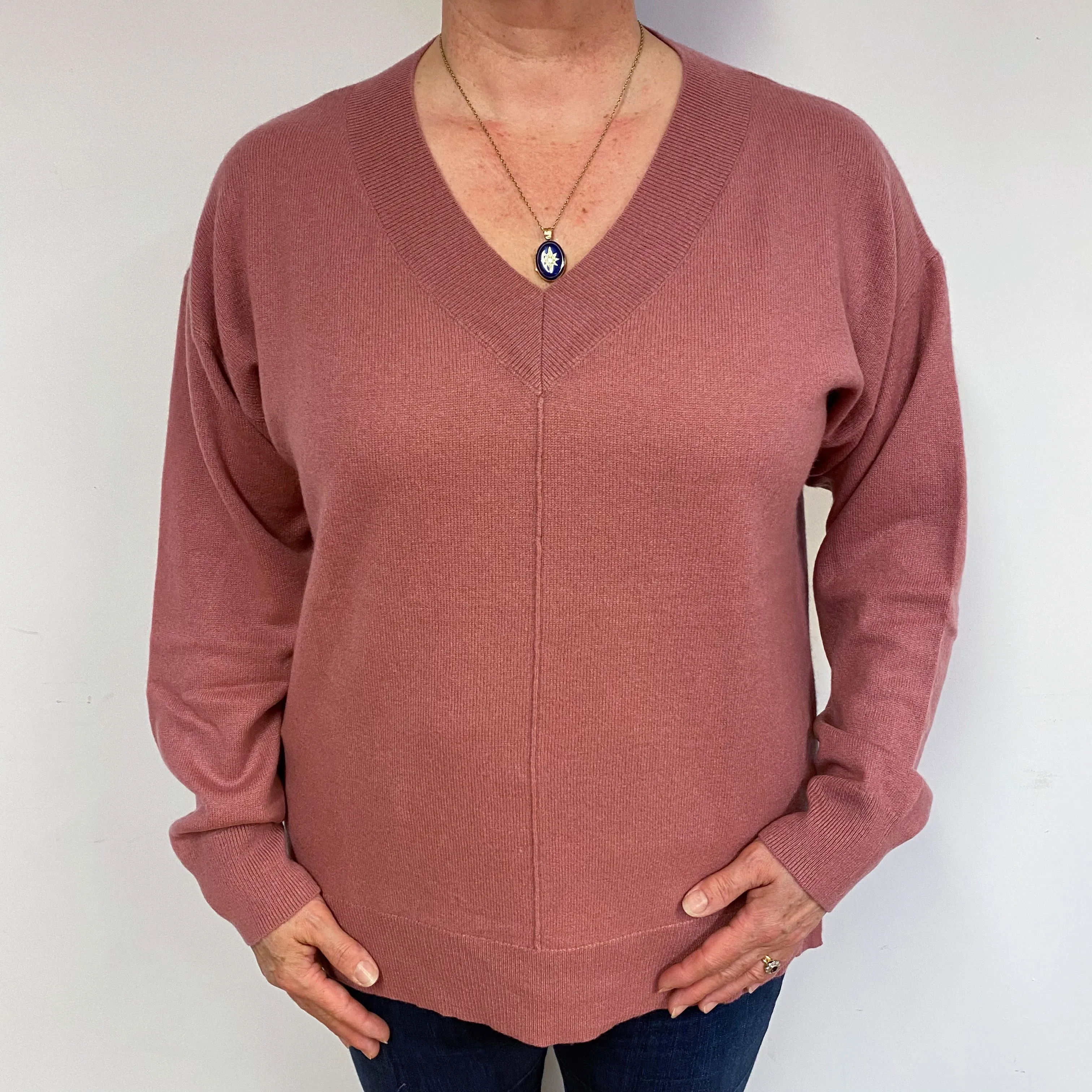 Heather Pink Slouchy Cashmere V-Neck Jumper Large