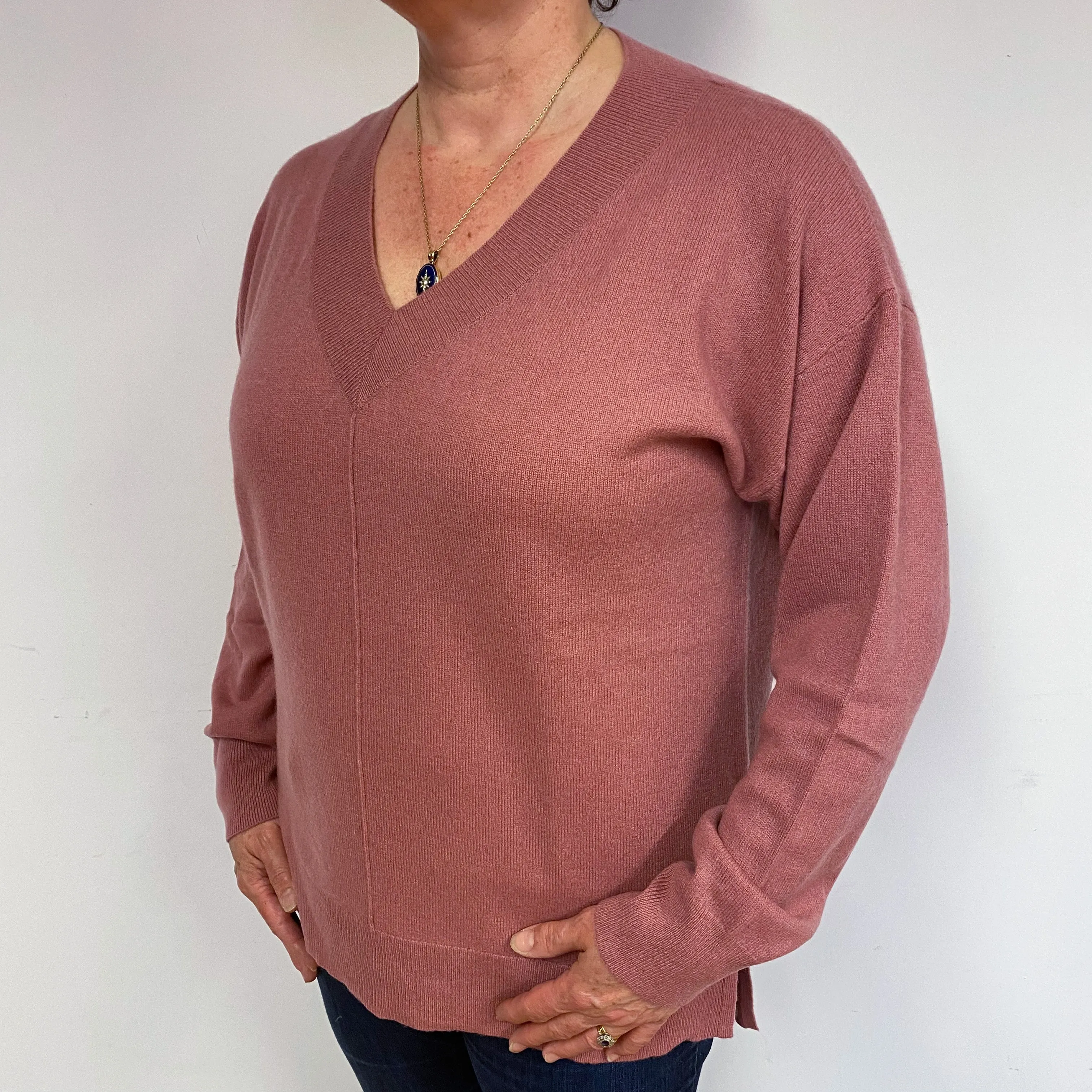 Heather Pink Slouchy Cashmere V-Neck Jumper Large