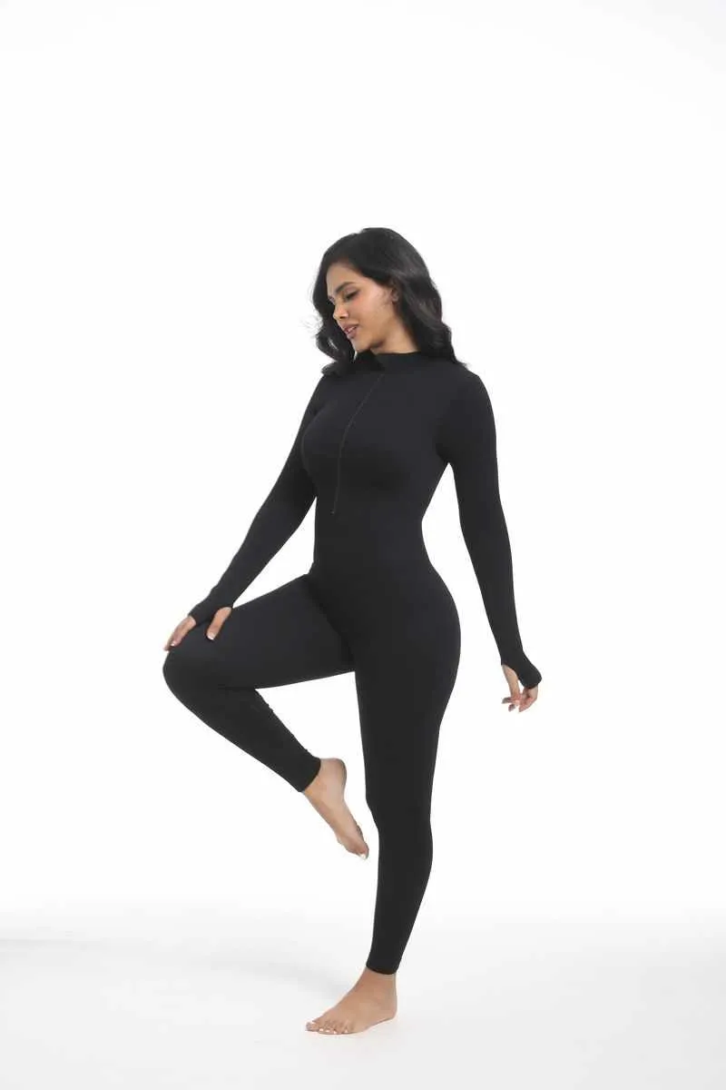 Jumpsuits for Women - Workout Ribbed Long Sleeve Front Zip Jumpsuits for Women - Workout Ribbed Long Sleeve Front Zip Sport Yoga Jumpsuit