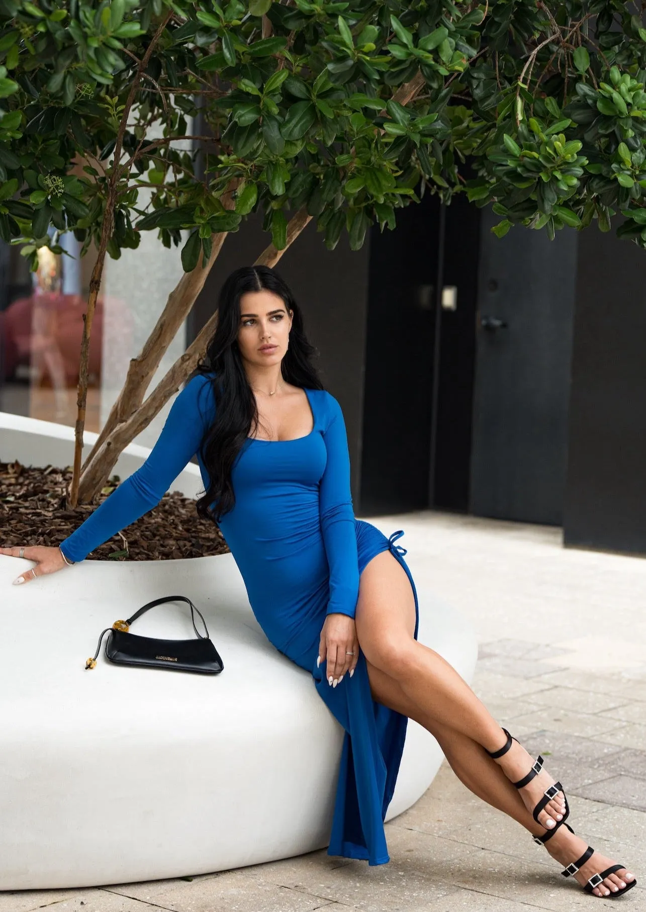 Karina Long Sleeves Ruched Maxi Dress - Blue