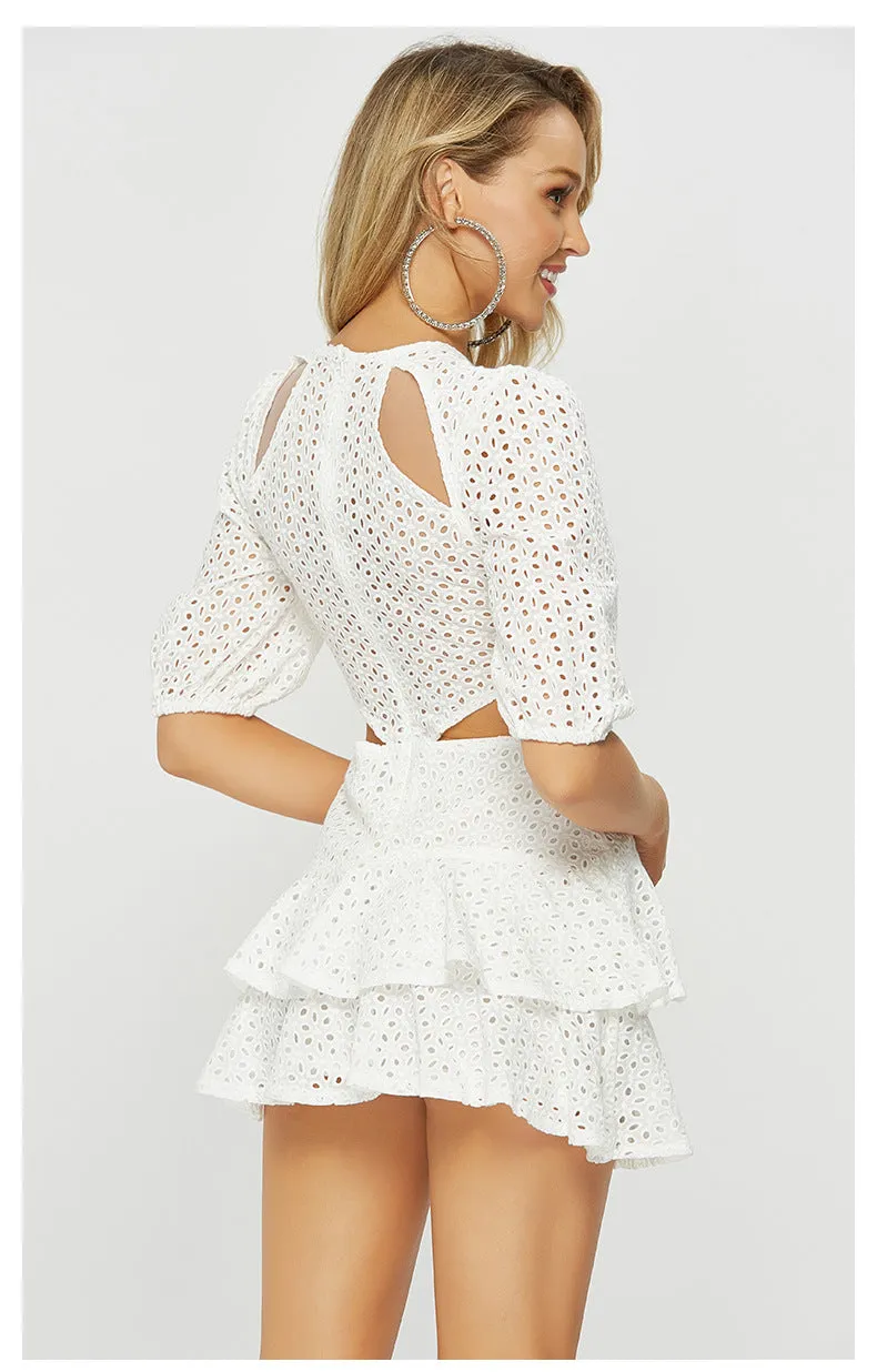 Lace Puff Sleeve Ruffle Dress