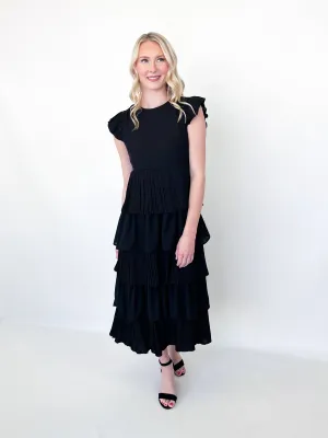 Linda - Black Pleated Midi Dress