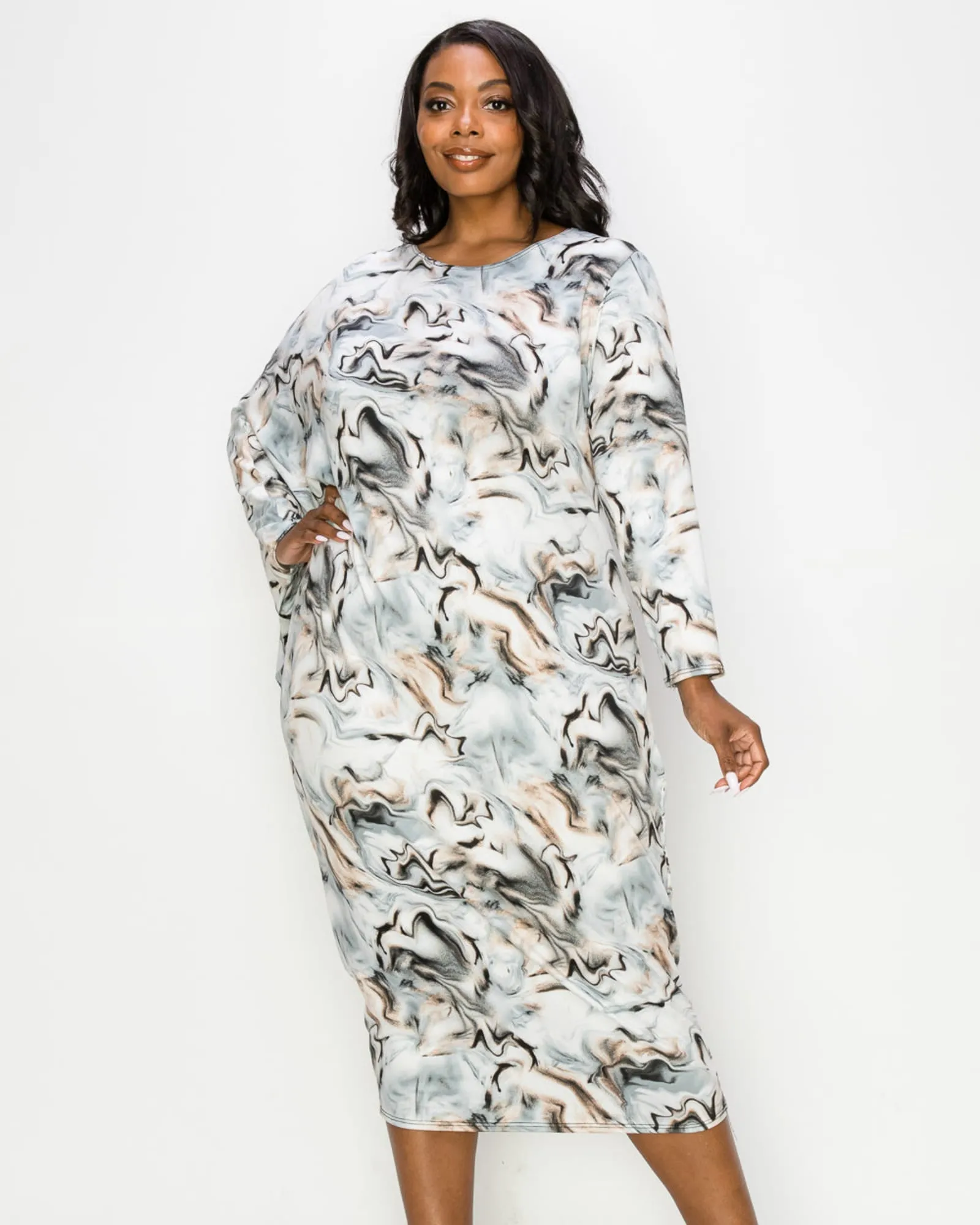 Lola Asymmetrical Sleeve Midi Dress | Gray/Taupe