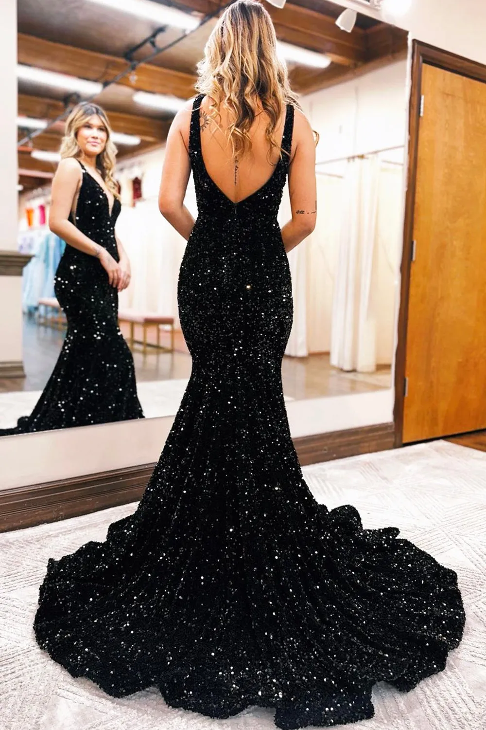Mermaid Sequins Long Prom Dresses, V-Neck Evening Party Dresses