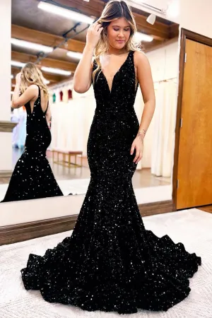 Mermaid Sequins Long Prom Dresses, V-Neck Evening Party Dresses