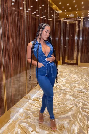 Mid Blue Sleeveless Belted Denim Jumpsuit