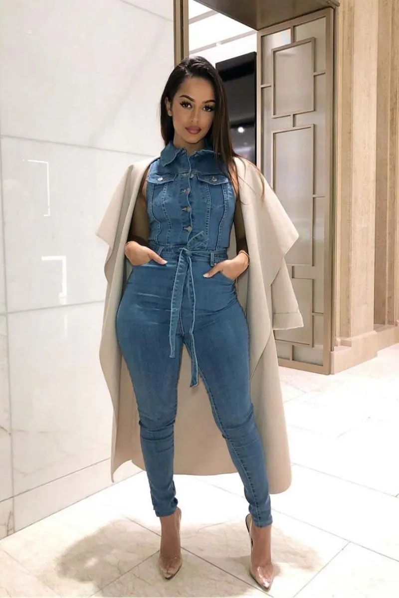 Mid Blue Sleeveless Belted Denim Jumpsuit