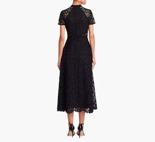 ML Monique Lhuillier - Lace Overlay Midi Dress in Jet Black