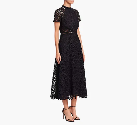 ML Monique Lhuillier - Lace Overlay Midi Dress in Jet Black