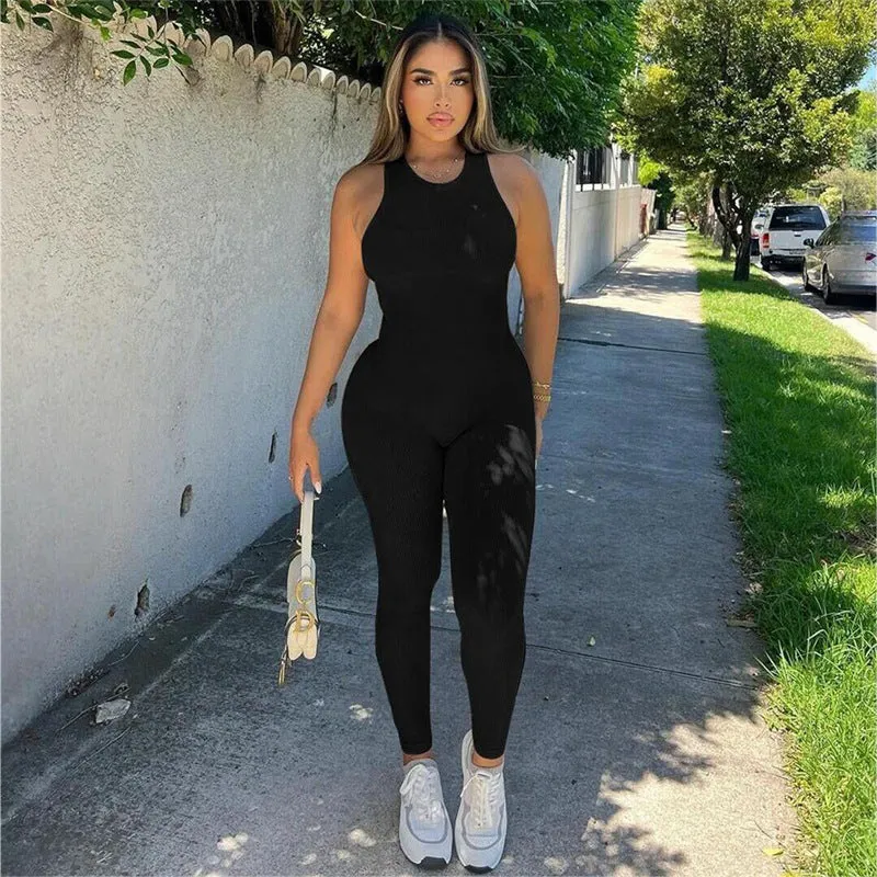 MX2106 Summer sleeveless solid backless yoga jumpsuit skinny sexy package hip one piece romper women