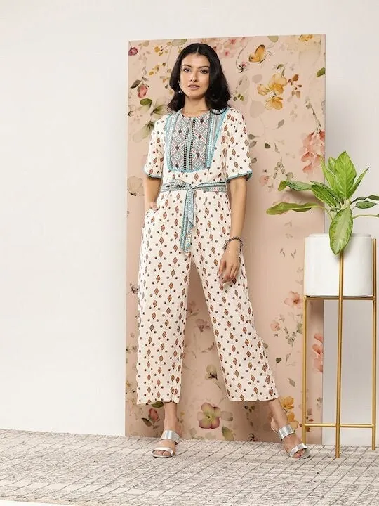 Off-White & Pink Printed Culotte Jumpsuit
