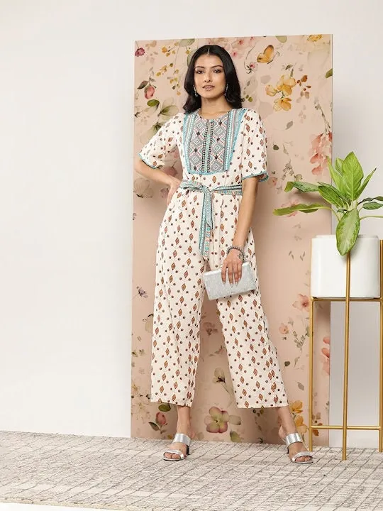 Off-White & Pink Printed Culotte Jumpsuit