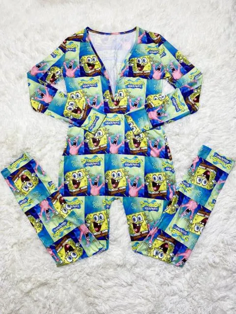 Pattern Printing long Sleeve V Neck Jumpsuit