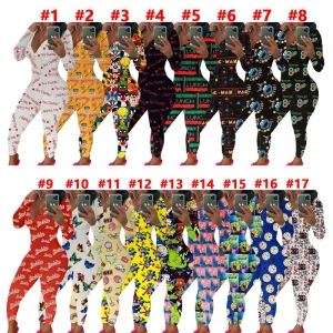 Pattern Printing long Sleeve V Neck Jumpsuit